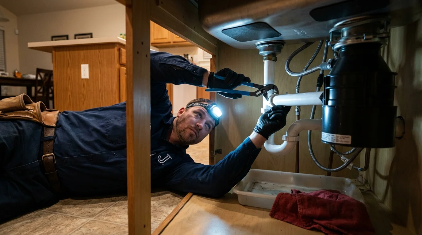 P-trap and supply line connections under a kitchen sink showing a common leak point in Eden Valley, MN